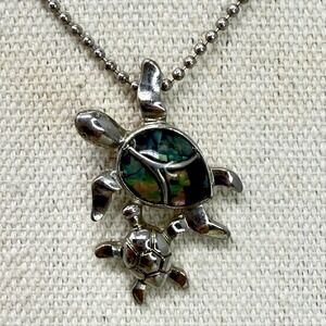 Sea Turtle Necklace Abalone Shell Pendant Ball Chain Ocean Silver Tone
